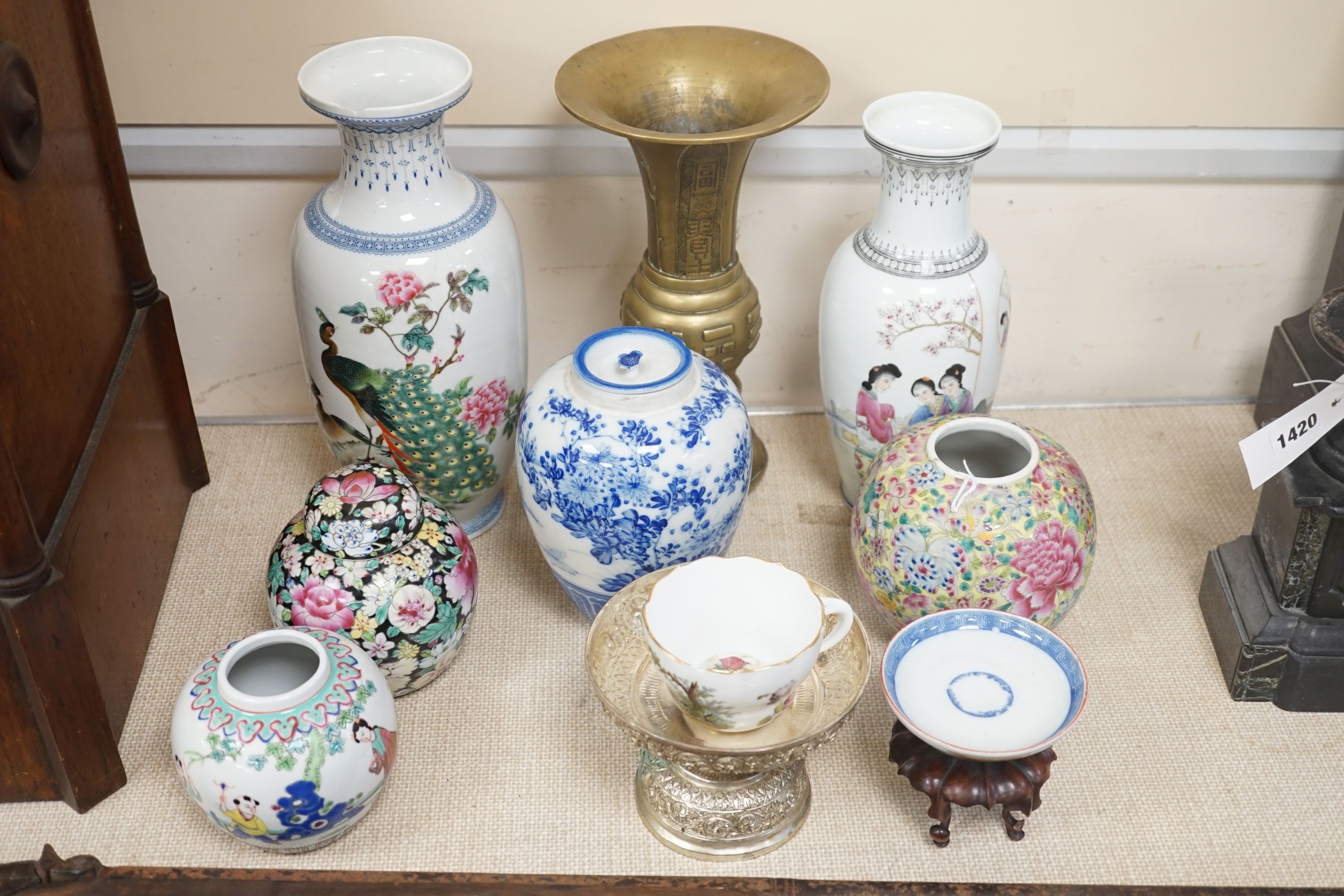 A group of Chinese porcelain vases and jars, a bronze vase, etc, bronze vase 27cms high.